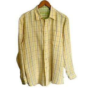 Indigo Palms Denim Company 100% Linen Yellow Plaid Button Down Shirt Mens LG